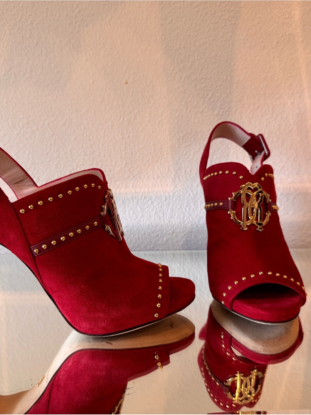Roberto Cavalli Red Velvet Open-Toe Slingback Heels with Gold Emblem